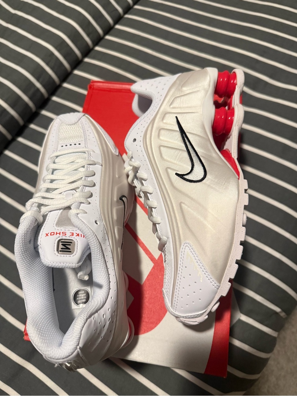 Nike White Sneakers with Red Shox and Black Swoosh